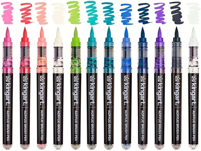KINGART Acrylic Paint Markers Brush Tip, 12 Lettering Colors. Water-based, no-bleed, waterproof pens with automatic ink control for rock, egg, wood, fabric, glass & DIY crafts