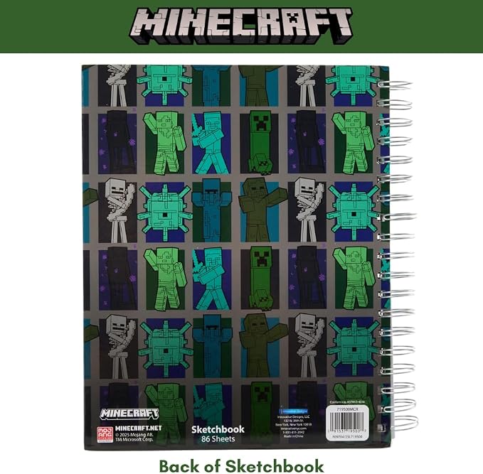 Minecraft Sketchbook Set, 5 Washable Markers, Spiral Bound, 86 Blank Pages