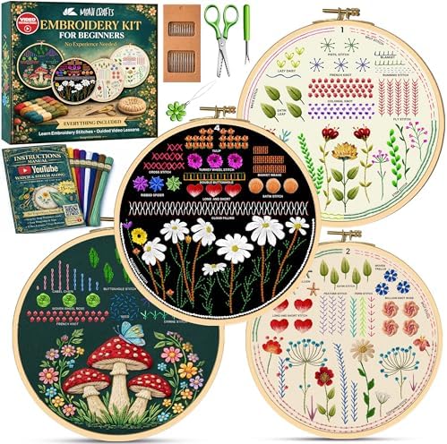 Moni Crafts - Embroidery Kit for Beginners Adults – Learn Embroidery Stitches, Complete Starter Kit with 4 Pre-Printed Patterns (Mushroom & Floral), Threads, Needles & Hoop – Video Tutorials