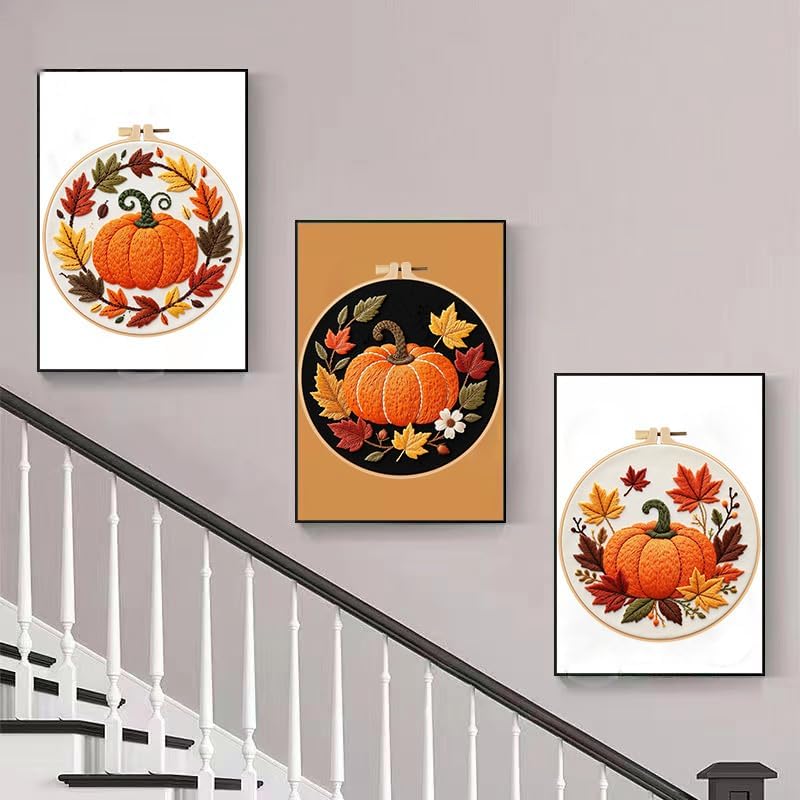Konrisa Pumpkin Embroidery Kits, Stamped Embroidery Starter Kit for Adult with Hoop,Needlepoint Cross Stitch Kit,Set of 3