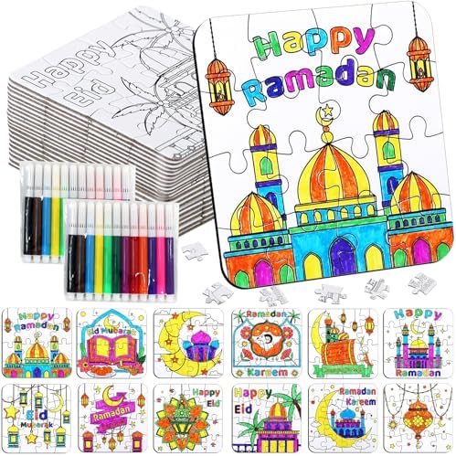 24 Pcs Ramadan Crafts for Kids, Eid Mubarak Arts and Crafts DIY Puzzle with Lanterns, Stars, Masjid, Moon, Castles, Ramadan Eid Activities Painting Kits for Islamic Gifts Party Favors & Goodies Bulk