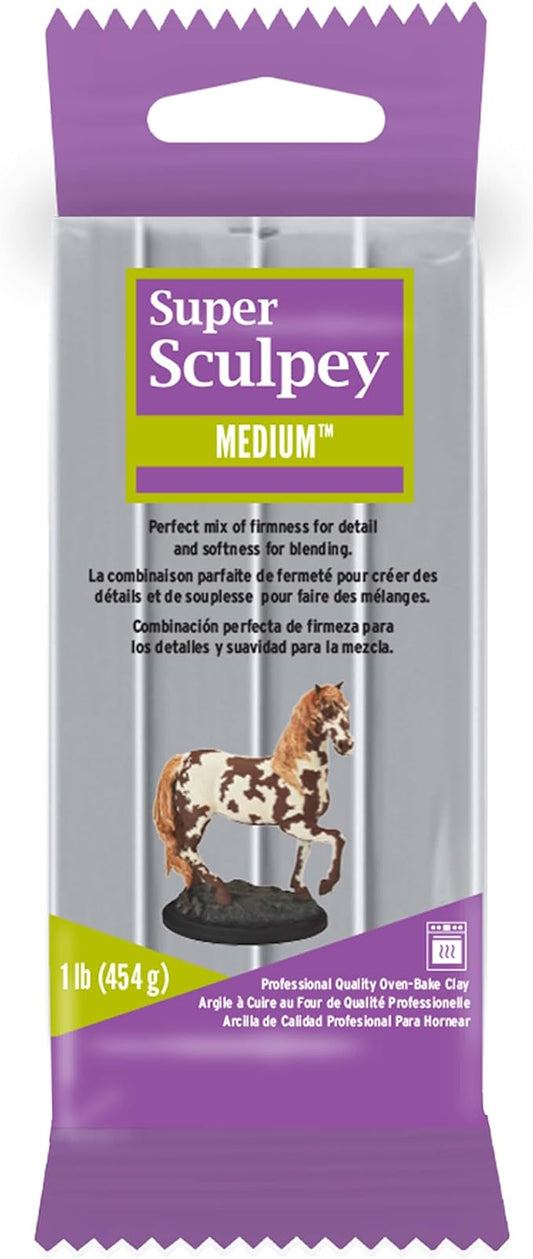 Super Sculpey Medium Gray, Premium, Non Toxic, Medium firmness, Sculpting Modeling Polymer clay, Oven Bake Clay, 1 pound bar. Great for all advanced sculptors, model makers and movie studios | Professional 1 lb sculpting bar, non-toxic, medium firmness...