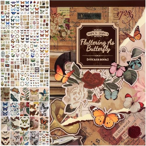 Vintage Scrapbook Stickers - 300 Butterfly Pre-Cut for Journaling, 20 Scrapbook Paper Washi for Scrapbooking and Journaling