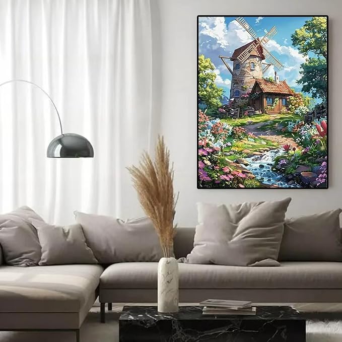 YUXUANKANG Diamond Painting Kit, Windmill Cottage Floral Landscape, 12x16 Inch, DIY Craft Activity, Resin Diamonds, Adult
