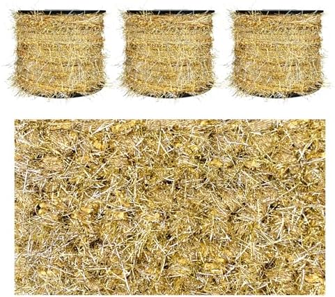 Artisanal Yarn Collection Multifiber Fancy Yarn with Gold & Silver Shimmering Threads for Knitting Crocheting Crafts DIY, Set of 3 Rolls (Light Gold)