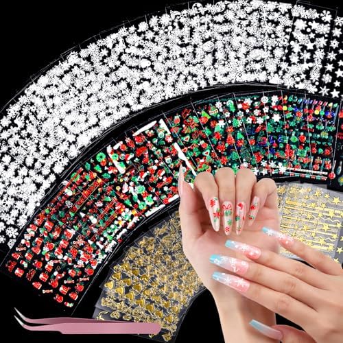 Teenitor 50 Sheets Christmas Nail Stickers for Nail Art, Snowflake Nail Stickers for Kids Women, Christmas Nail Decals for Holiday Winter, 3D Self Adhesive Snowflake Nail Decals for Little Girls