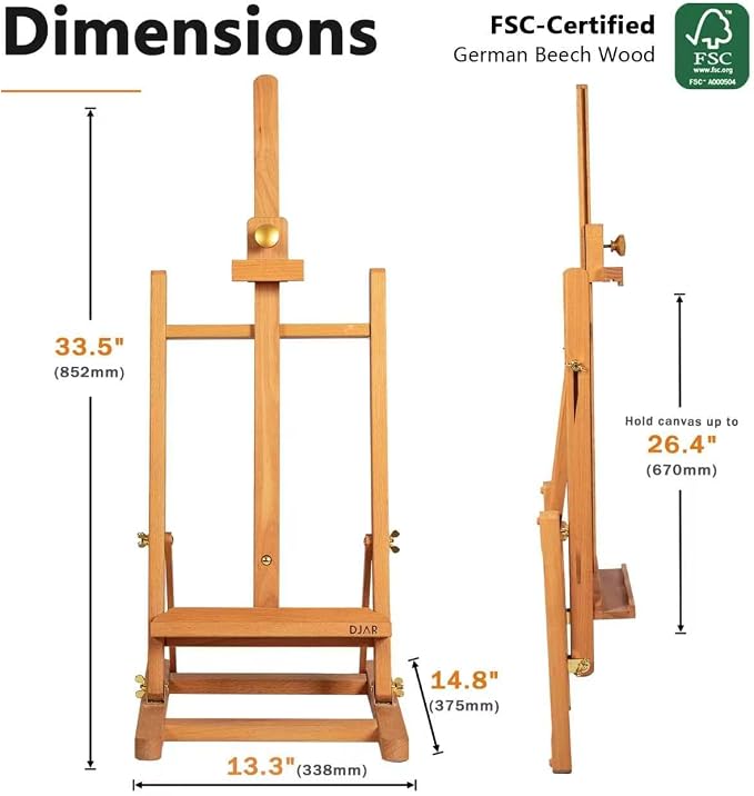 DJAR H- Frame Tabletop Painting Easel, Adjustable Solid Beech Wood Desktop Art Easel, Hold Canvas Up to 27.5", Assembly-Free Art Stand for Artist, Student, Natural