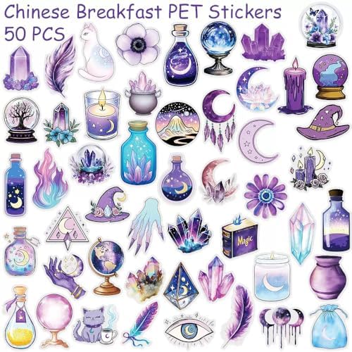 50pcs PET Vinyl Stickers Scrapbook, Self-Adhesive Waterproof Vinyl Sticker for Laptops, Aesthetic Decor Journal Stickers Planner Accessories for Luggage, Water Bottles.Magical Magic
