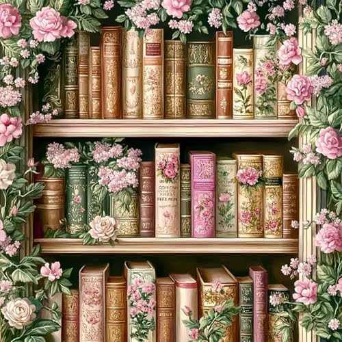 GEWOUVIN Vintage Flower Bookshelf Diamond Art Kits for Adults,Diamond Painting Kits for Adults Beginners, DIY Full 5D Round Drill Gem Art Kits for Gift Home Wall Decor【13.8x13.8inch】