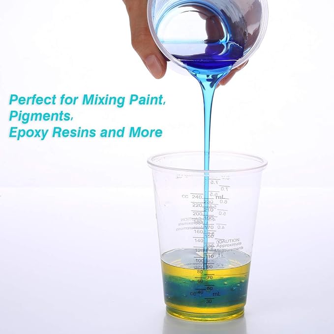 XUXU 50pcs 8oz Graduated Clear Plastic | Measuring Cups with Wooden Stirring Sticks for Mixing Paint Pigments Epoxy Resins Resins