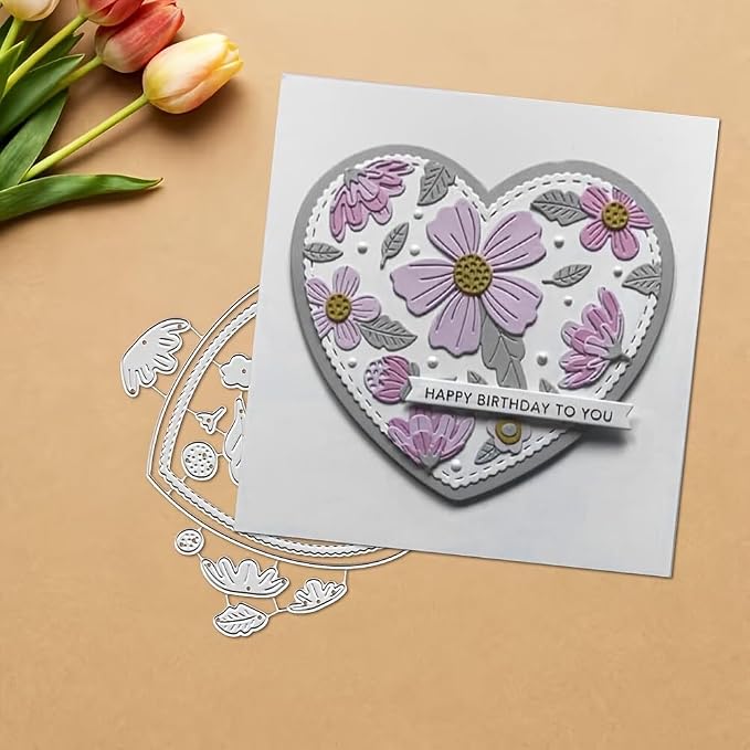 Lapoo 3D Backgrounds Frame Metal Cutting Die for Scrapbooking, New Cutting Dies DIY Album Card Making Decor Paper Craft Metal Die Cuts Party Wedding Decorations (Love Frame and Flowers 4.7 x 4.1 in)