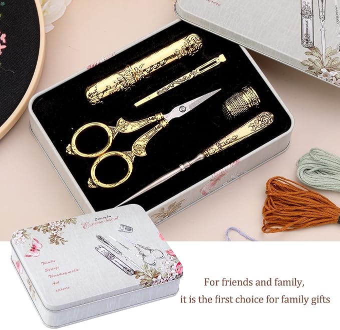 BUTUZE Embroidery Scissors Kit,European Antique Vintage Sewing Kit,Complete Vintage Sewing Tools with Embroidery Scissors,Original Case,Sewing Needle Case,Awl for Sewing,Craft,Needlework