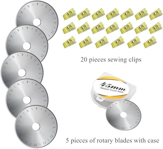 Headley Tools Rotary Cutter Set - 45mm Fabric Cutter, 5 Extra Rotary Blades, A3 Cutting Mat, Quilting Ruler and Sewing Clips, Craft Knife Set, Ideal for Crafting, Sewing, Scrapbooking, Patchworking