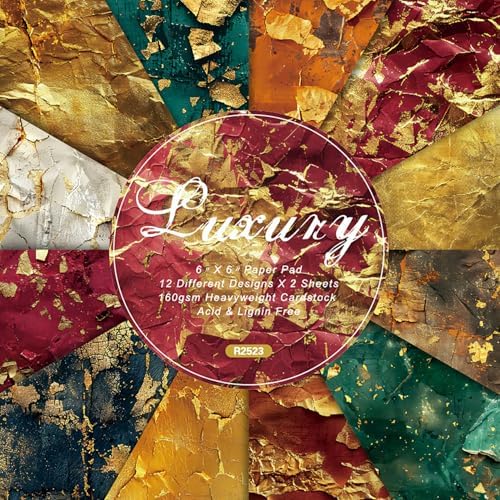 6x6 Scrapbook Paper Pad - Luxury Gold Foil Texture 160gsm Heavyweight Cardstock, 24 Pcs Distressed Metallic Decorative Paper for Scrapbooking, Junk Journal Supplies & DIY Crafts