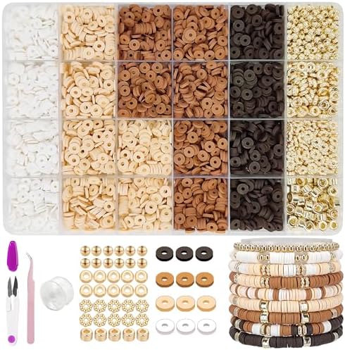 MIIIM Neutral Clay Beads Kit for Bracelets Making, Heishi Beads for Friendship Bracelet, Clay Charms and Gold Spacers for Jewelry Making, Crafts, Concert, Raves, Gifts (Golden Brown Cream)