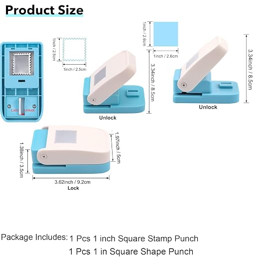 2 Pcs Square Stamp Punch, 1 Inch Square Hole Punch, Postage Stamp Shaped Paper Puncher, Squares Paper Punches for Crafting, Lever Stamp Cutter Hole Craft Puncher, Punches Out Tool Crafting Card Making