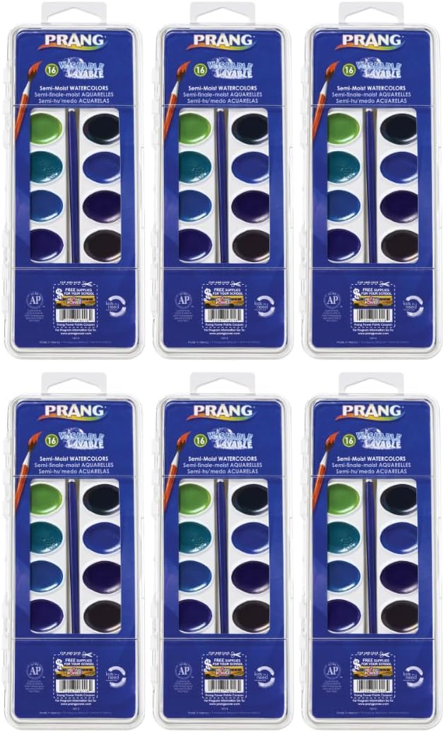 Prang Washable Semi-Moist Watercolors Oval Pan Set with Size 6 Paintbrush, Non-Refillable, 16 Assorted Colors, Pack of 6