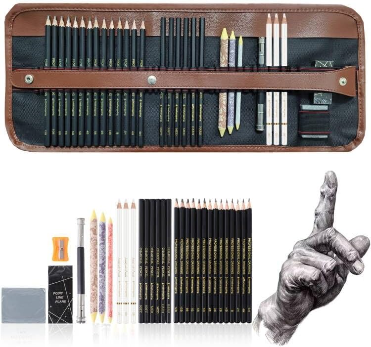 Heshengping 31 Drawing Sketching Pencils Kit, Portable Artist Supples Travel Case Set has Graphite, Charcoal, white color pencil, Blending Stump, gift for Adults Beginners for Drawing Sketch