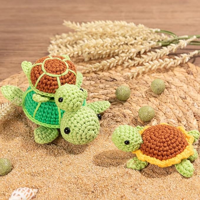 Mewaii Crochet Kit for Beginners, 3 Pack Sea Turtles Craft Set | 40% Extra Yarn, Video Tutorial, Pre-Started Piece, Beginner Friendly, Family Craft Gift for Adults & Kids
