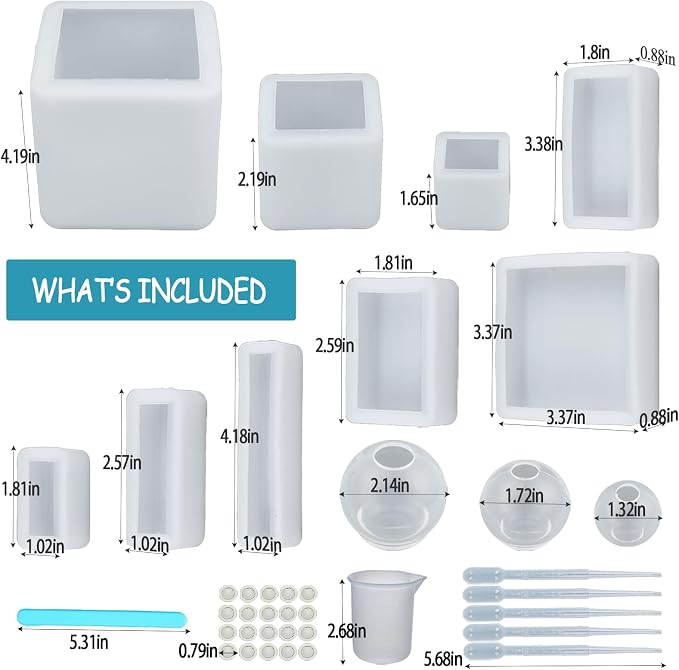 12 PCS Extra Deep Resin Cube Molds Silicone, 4" Large Resin Molds Silicone | Cube Silicone Mold for Epoxy Resin, Sphere Resin Mold with Tools for Preserving Flower Insect Specimen Bookend Flexible Clear