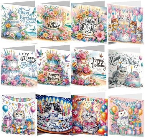 Zyvoreva 12 PCS Diamond Art Greeting Cards with Envelopes, Diamond Painting Greeting Cards Kit for Adults DIY Holiday (Blue)