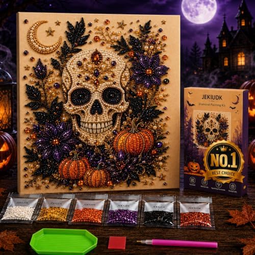 Halloween Pearl Art Kit for Adults 3D Diamond Painting DIY Craft Bead Mosaic with Ghost Pumpkin Witch Raven Skull Cow Design Options for Spooky Seasonal Home Decor and Creative Holiday Activity