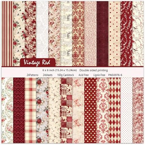 24 Sheets Red Aesthetic Scrapbooking Paper Pad - 6In x 6In Double Sided Flowers Patterns for Photos Album Journals Supplies Decorative Collage Origami DIY Crafts Gifts Wrapping