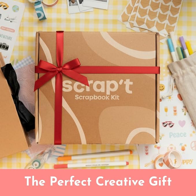 Scrapbook Kit - 80 Page Photo Album DIY Scrapbook - Holds 300+ Photos, with Metallic Pens, 150+ Stickers, Glue Pen, Washi Tapes, Backing Paper, Photo Corner Stickers (Starter Kit - 8 x 8 Inch, Kraft)
