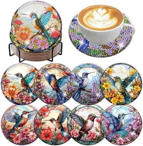 8 Pack Diamond Art Coasters,Hummingbird flowers Diamond Painting Coasters