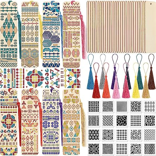 TaoBary 92 Pcs 4.8 x 1.3 Inch Geometry Wood Bookmark Making Kit Includes 36 Unfinished Blank Bookmarks 36 Tassels 20 Templates, Back to School DIY Painting Craft for Home Class Holiday Teachers Gift