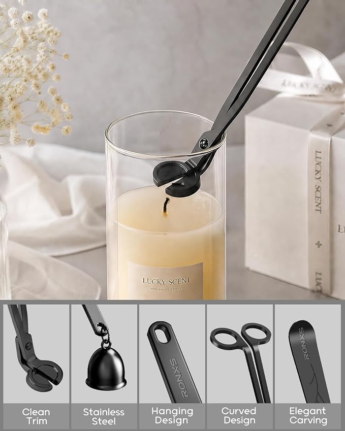 RONXS 3 in 1 Candle Wick Trimmer Set, Snuffer, Dipper, Cutter, Black | Candle Care Accessory Kit, Stainless Steel, Trims Wick, Puts out Flame and Dips, Gift Box for Candle Lovers Home Decoration