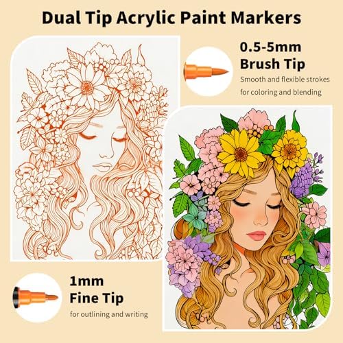 JR.WHITE 48 Colors Dual Tip Acrylic Paint Markers, Acrylic Paint Pens With Brush Tip and Fine Tip For Coloring Book, Rock Painting, Wood, Shell, Ceramic, Stone, Easter Eggs, DIY Crafts