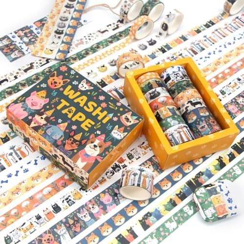 Washi Tape Set 14 Rolls, Cute Animal Decorative Tape, Cats Puppies Pugs Designs Washi Tapes for Scrapbooking Supplies, Journaling Supplies, Crafts