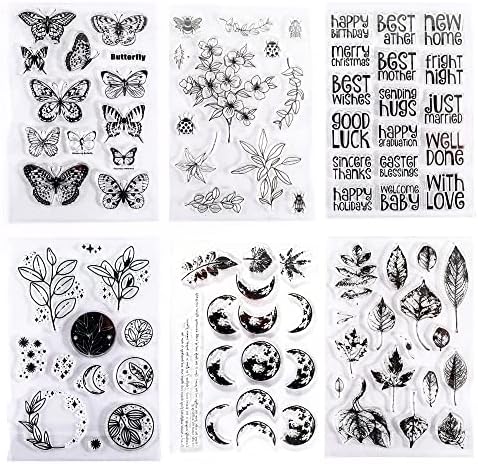 6 Sheets Clear Stamp Silicone Stamp Cards with Greeting Words, Flowers, Leaves, Butterflies, and Moons Pattern for Thanksgiving Christmas Holiday Card Making and DIY Scrapbooking Journaling