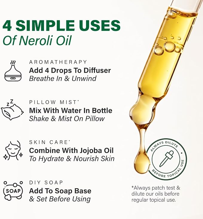 100% Pure Neroli Essential Oil 4 Fl Oz - Neroli Oil for Hair and Skin | Calming Orange Blossom Oil for Diffuser and Aromatherapy, Massage, Body Care, Non-GMO, Undiluted, with Dropper