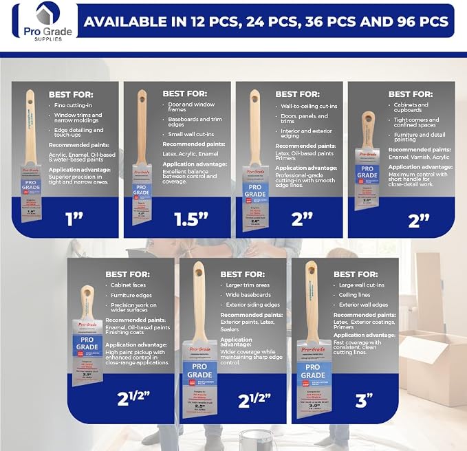 Pro Grade Angle Paint Brushes, Paint Brush Set for Trim & Walls, 10 Pc | Sash & cut-in detail | Furniture, cabinets, doors & fences | Interior & exterior | Latex, oil & stain | Medium stiff bristles