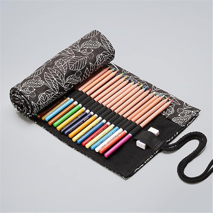 DIYOMR 24/36/72 Slots Pencil Wrap Pencil Rolls, Artist Colored Pencils Roll Up Bag Short Brushes Pouch Case Pencils Organizer for Drawing Coloring and Sketching,No Pencils (Black Leaves, 24slots)