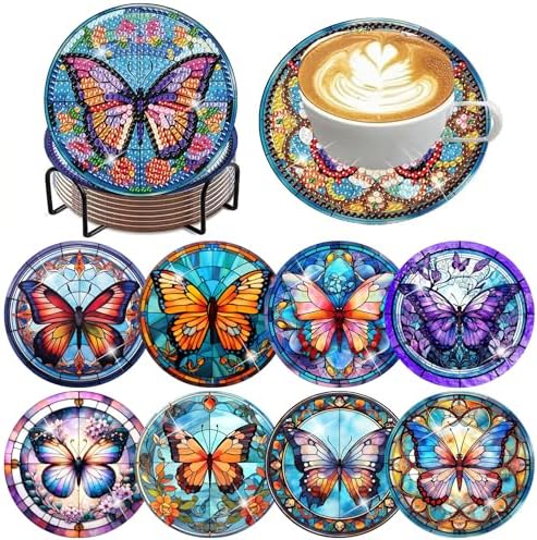 ijbnhd 8 Pcs Butterfly Diamond Painting Coasters Kits with Holder