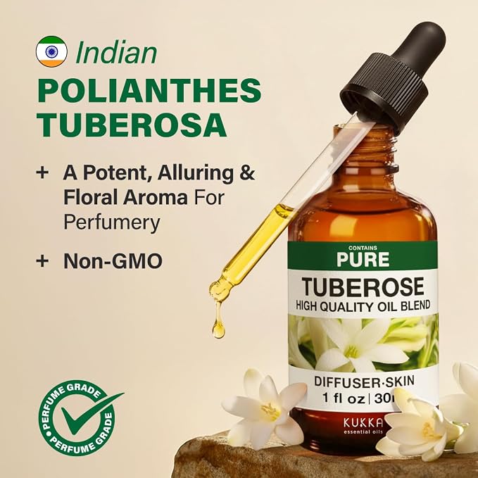 Kukka 100% Pure Tuberose Essential Oil for Skin, Diffuser, 1.02 Fl Oz | Undiluted Tuberose Oil for Perfume Making, Hair Care, Skin Care & Diffuser Aromatherapy with a Luxurious Floral Scent