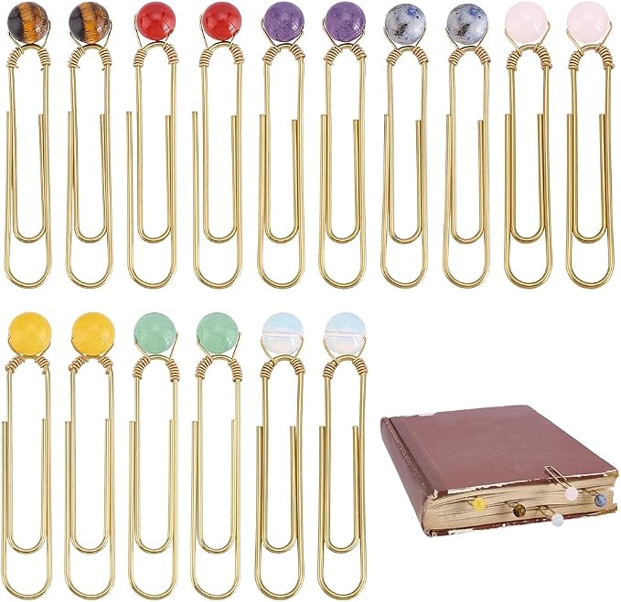 PH PandaHall 16pcs 8 Styles Paper Clips Bookmark Clamp for Back to School, 2" Large Size Paperclip with Natural Stone Planner Clip Metal Book Tag for Teacher Students Stationery Notebook Accessories