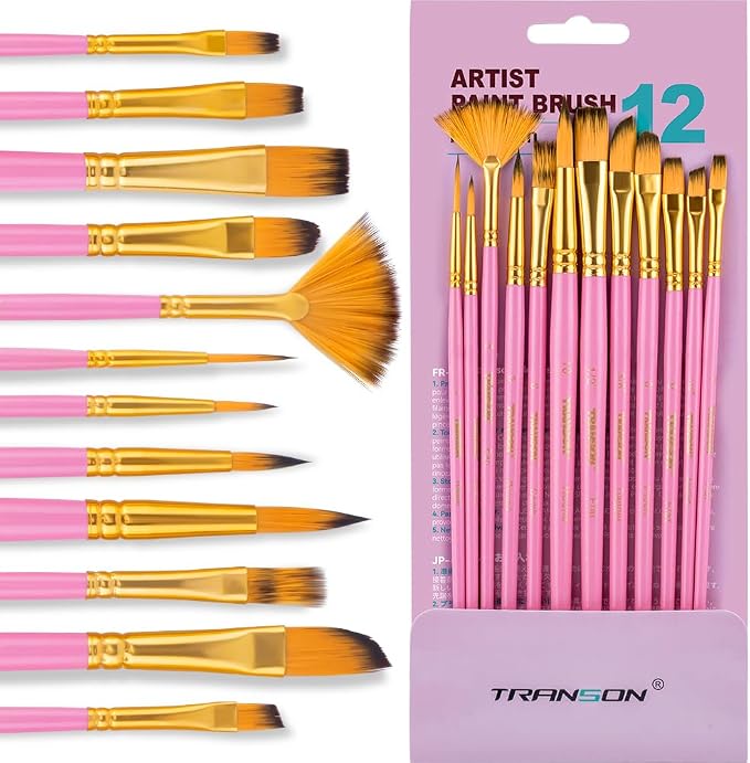 Transon Artist Paint Brush Set of 12 for Acrylic Watercolor Gouache Oil Craft Painting Pink