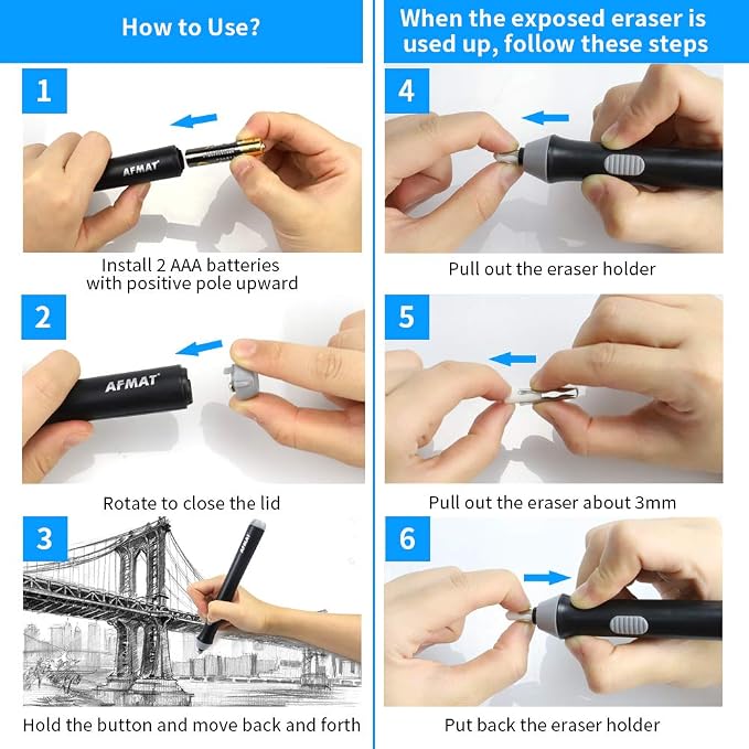 AFMAT Battery Operated Pencil Eraser for Sketching Pencils/Drafting/Drawing/Graphite Pencils, Couture Creations Creative Detailer Tool, AFMAT Electric Eraser Kit for Artists, 140 Refills EEB01