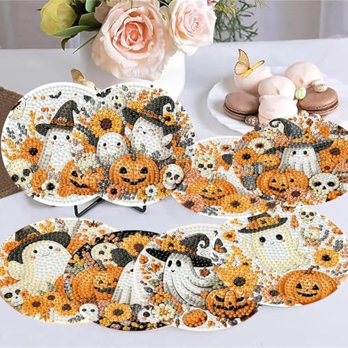 8 Pack Halloween Diamond Art Coasters,Ghost Diamond Painting Coasters Kits