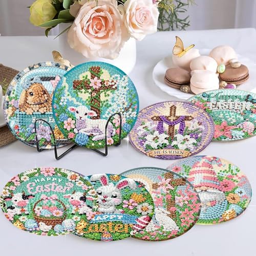NEGEKFKX 8 Pcs Easter Diamond Art Painting Coasters Kits,Christianity Coaster with Holder for Adults, Non-Slip DIY Dot Paint Craft Kits,5D Full Drill DIY Diamond Dot Gem Art Kit Home Decor Arts Craft