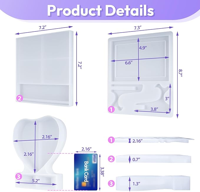 HeyClear Photo Frame Resin Molds Silicone, Rectangle &Square &Heart Shape | 3PCS Picture Frame Silicone Molds with Stand Holder, Epoxy Resin Molds for Handmade Gifts, Home Decor