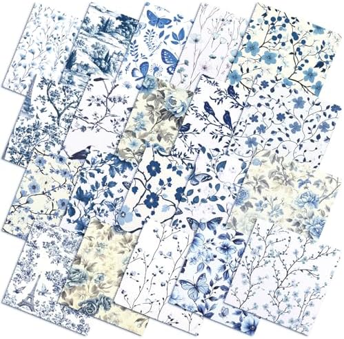 HunnmingRe 20 Pcs 10''x10'' Blue White Flower Quilting Fabric Square Chinoiserie Floral Precuts Quilted Fabric Bundle Butterfly Bird Printed Sewing Material for Holiday Patchwork DIY Craft Supplies