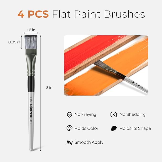 Nicpro 4pcs 1 1/2 Inch Flat Paint Brushes for Acrylic Painting, Large Paint Brushes for Acrylic Watercolor Oil, Artist Big Paint Brush for Canvas Painting, Base Coating, Crafts, Face, Body Art, Adults