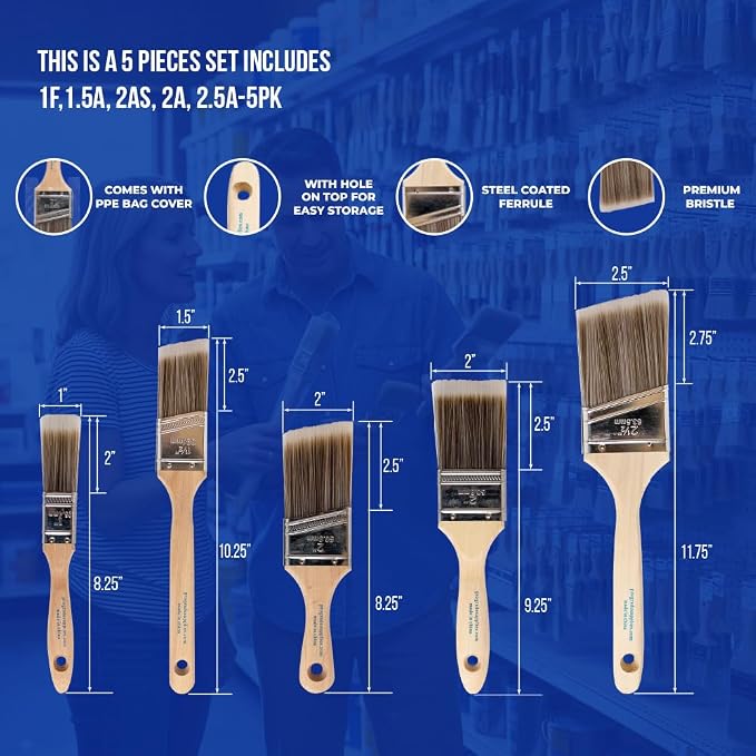 Pro Grade Paint Brushes, Paint Brush Set for Walls, Trim & Stain, 5-Piece | Interior & exterior | Cabinets, doors, furniture, decks | For latex & oil-based | Synthetic bristles, Softwood handles