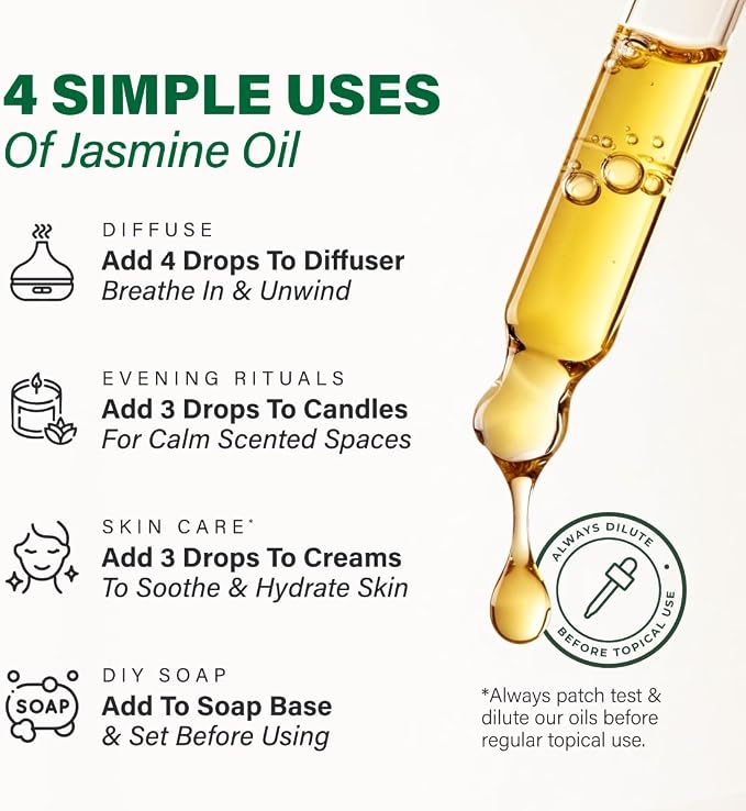 100% Pure Jasmine Essential Oil 4 Fl Oz - Floral Scent for Hair and Skin | Fragrance Oil for Diffuser, Aromatherapy, Massage, Body Perfume - Non-GMO, Indian Jasmine Flowers, Dropper - Kukka