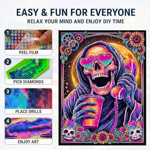 Halloween Diamond Art Kits for Adults, Trippy Gothic Skull Diamond Painting